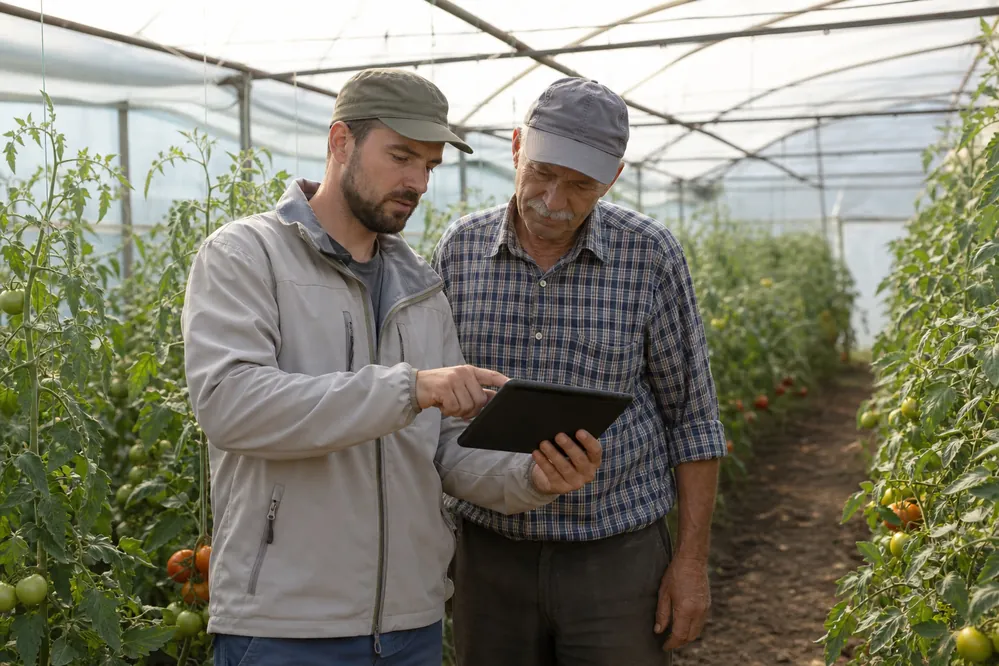 Enten agronomist and farmer reviewing data together on a tablet in a tomato polytunnel